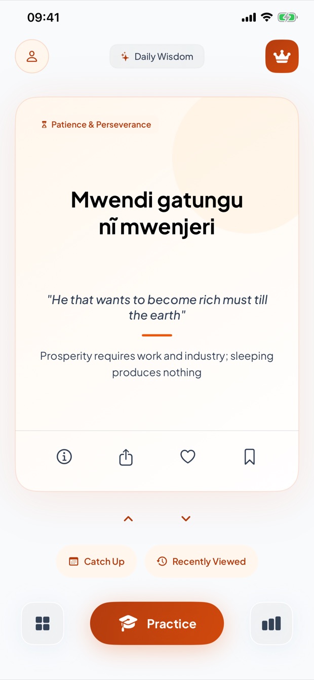 Thimo daily wisdom screen showing the proverb Mwendi gatungu nĩ mwenjeri with its English meaning