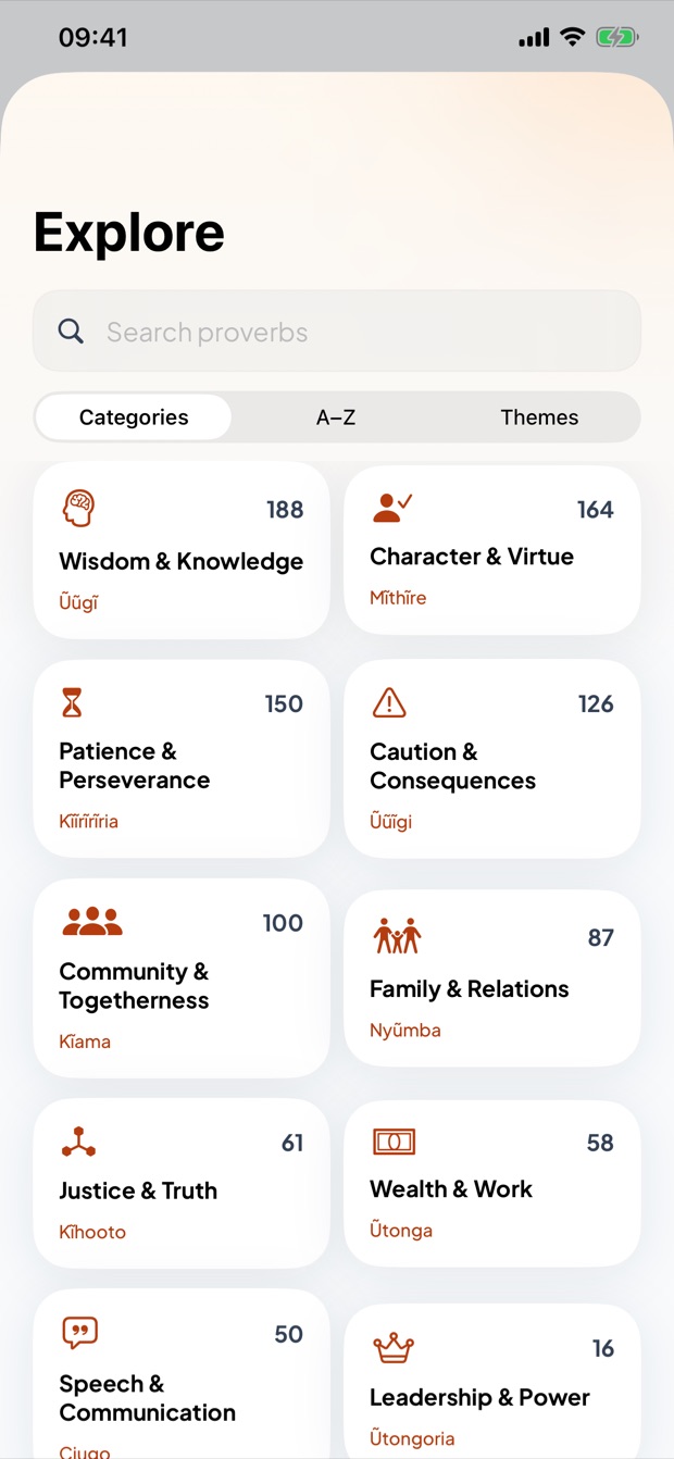 Thimo explore screen showing proverb categories, each with its Gĩkũyũ name
