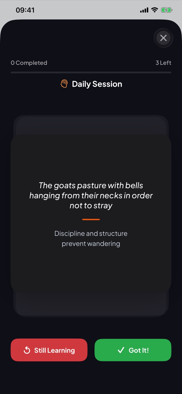 Thimo practice session showing a proverb with Still Learning and Got It buttons
